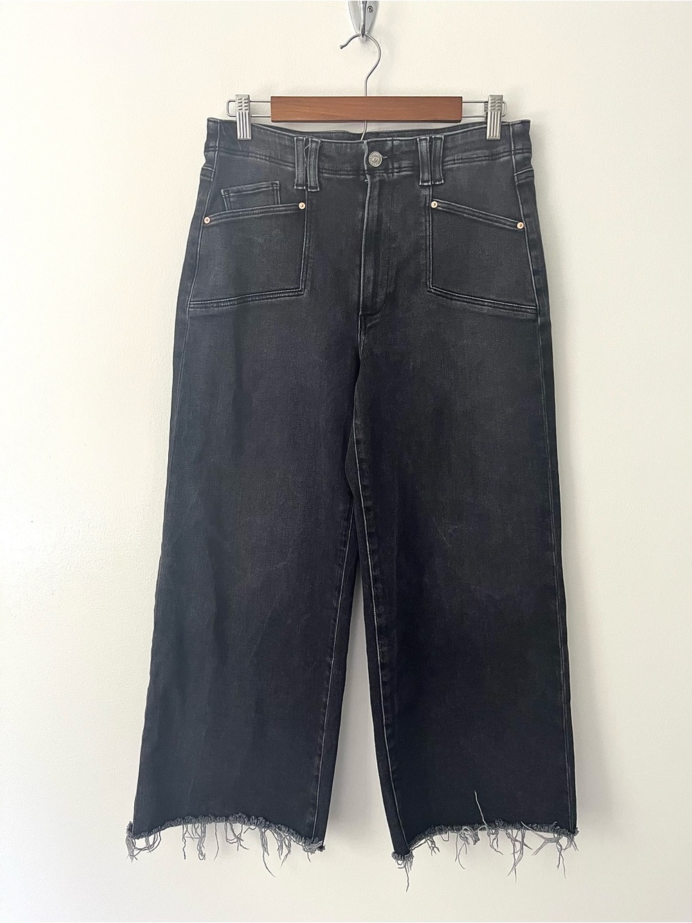 Paige Anthropologie Anessa Wide Leg Crop Jeans Space Dye Black Welt Pockets 30